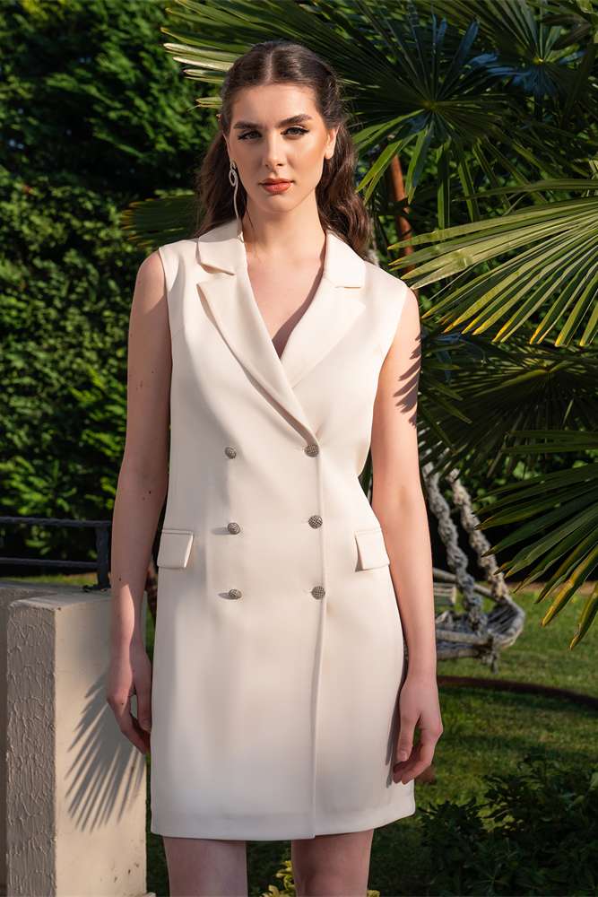 Omuzluklu Plise Blazer Elbise