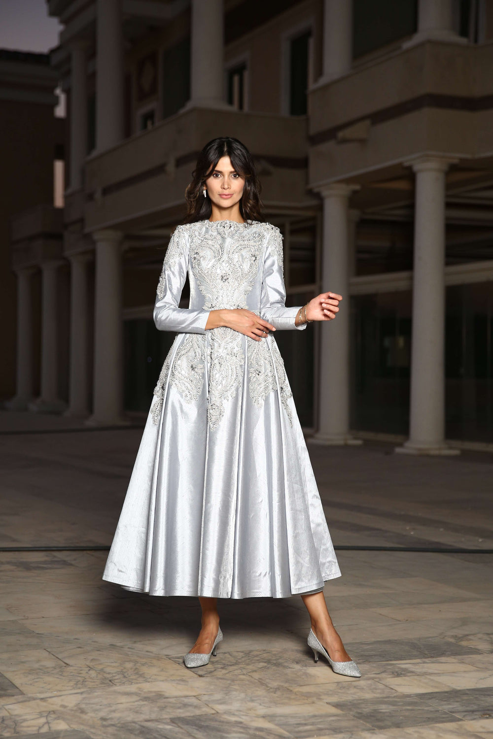 Silver Shantung Midi Dress