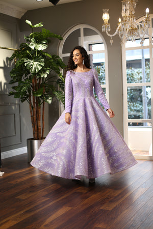 Lila A Kesim Gümüş İşlemeli Midi Abiye Elbise