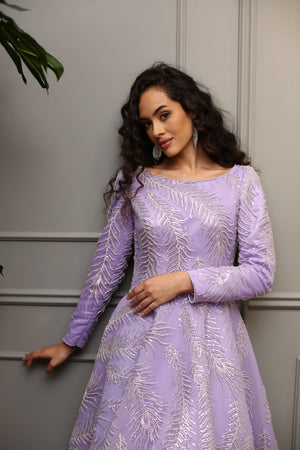 Lila A Kesim Gümüş İşlemeli Midi Abiye Elbise