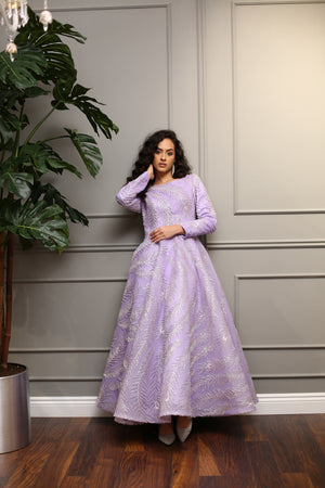 Lila A Kesim Gümüş İşlemeli Midi Abiye Elbise