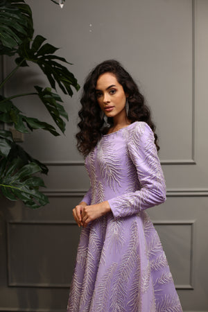 Lila A Kesim Gümüş İşlemeli Midi Abiye Elbise