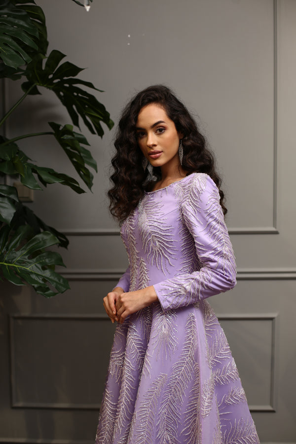 Lila A Kesim Gümüş İşlemeli Midi Abiye Elbise