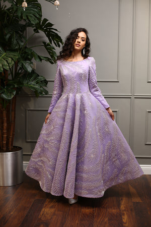 Lila A Kesim Gümüş İşlemeli Midi Abiye Elbise