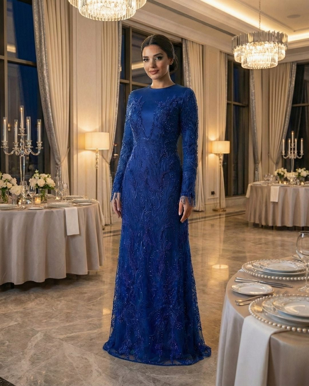 Saks Mavi Uzun Kollu Dantel İşlemeli Balık Form Abiye Elbise