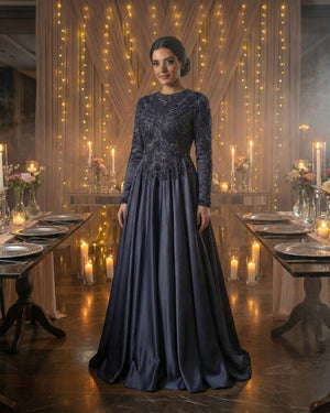 Antrasit Gri Uzun Kollu Taş İşlemeli Prenses Abiye Elbise