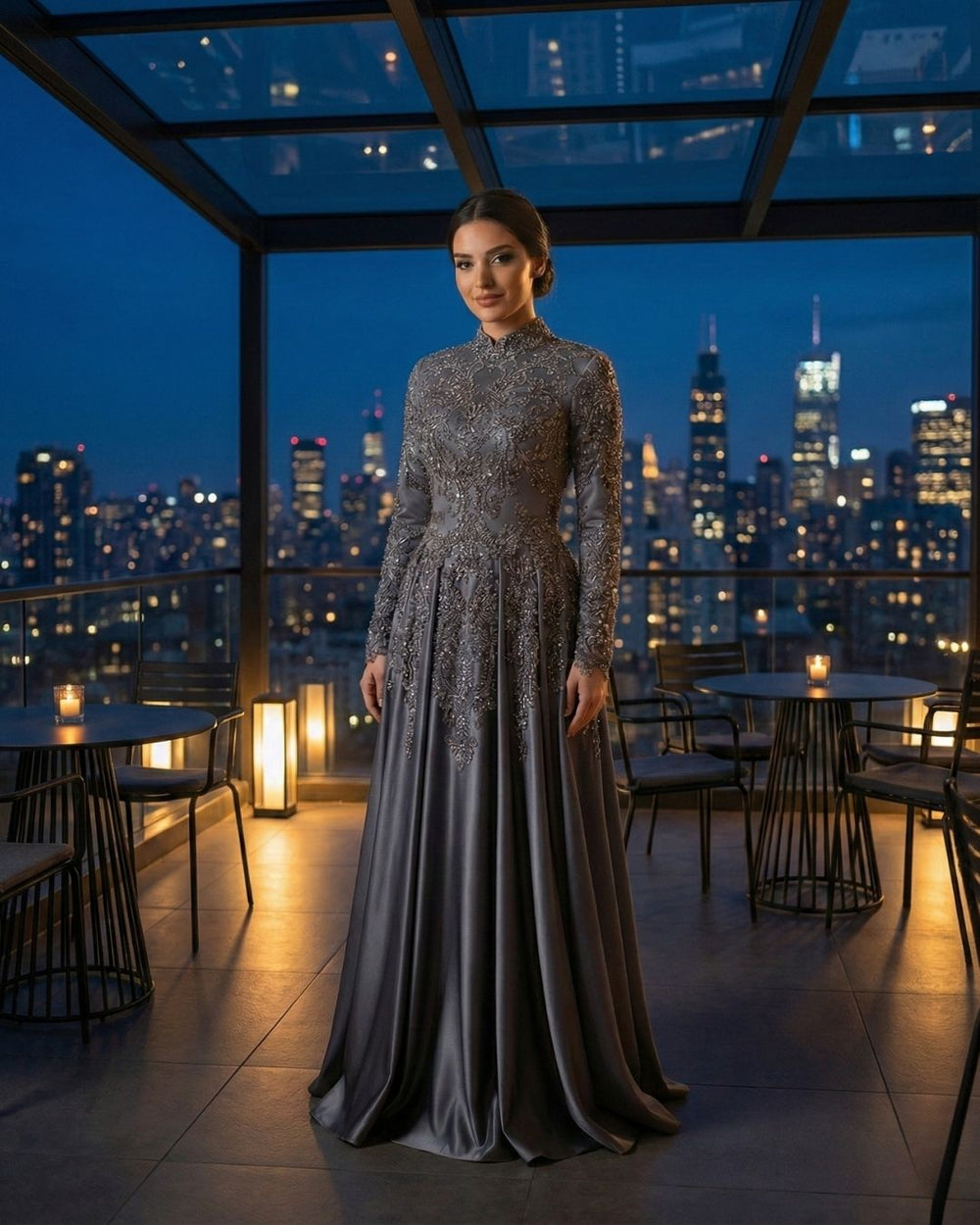 Gri Mavi Uzun Kollu Taş İşlemeli Prenses Abiye Elbise