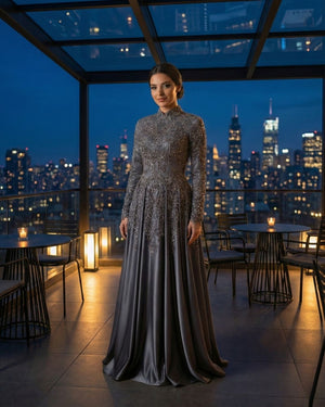 Gri Mavi Uzun Kollu Taş İşlemeli Prenses Abiye Elbise