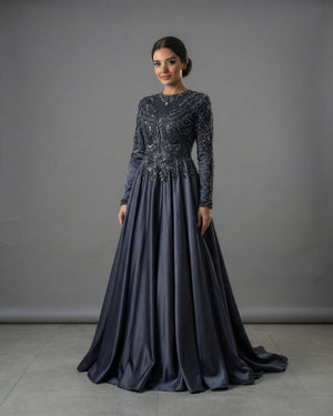 Antrasit Gri Uzun Kollu Taş İşlemeli Prenses Abiye Elbise