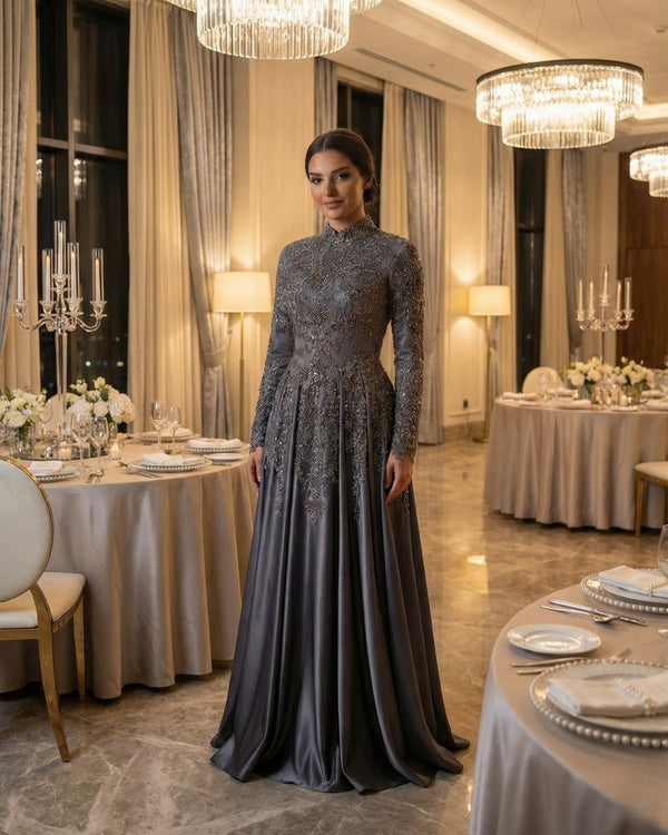 Gri Mavi Uzun Kollu Taş İşlemeli Prenses Abiye Elbise