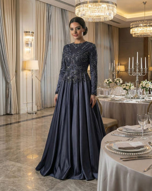 Antrasit Gri Uzun Kollu Taş İşlemeli Prenses Abiye Elbise