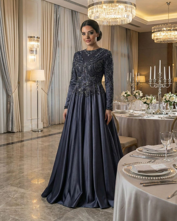 Antrasit Gri Uzun Kollu Taş İşlemeli Prenses Abiye Elbise