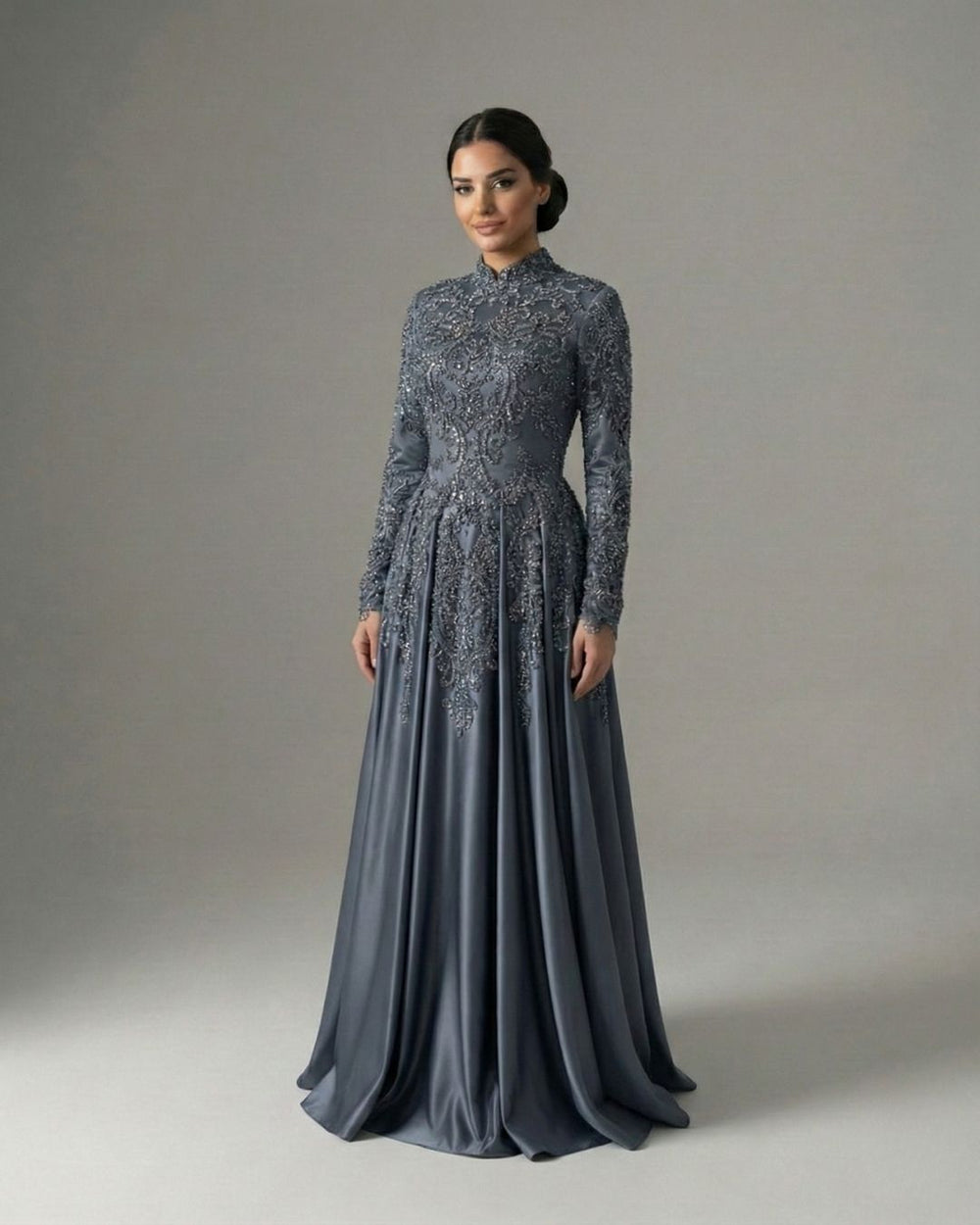 Gri Mavi Uzun Kollu Taş İşlemeli Prenses Abiye Elbise