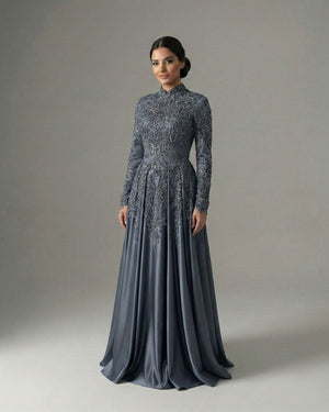 Gri Mavi Uzun Kollu Taş İşlemeli Prenses Abiye Elbise