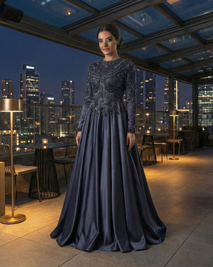 Antrasit Gri Uzun Kollu Taş İşlemeli Prenses Abiye Elbise