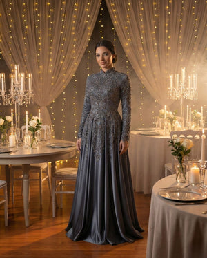 Gri Mavi Uzun Kollu Taş İşlemeli Prenses Abiye Elbise