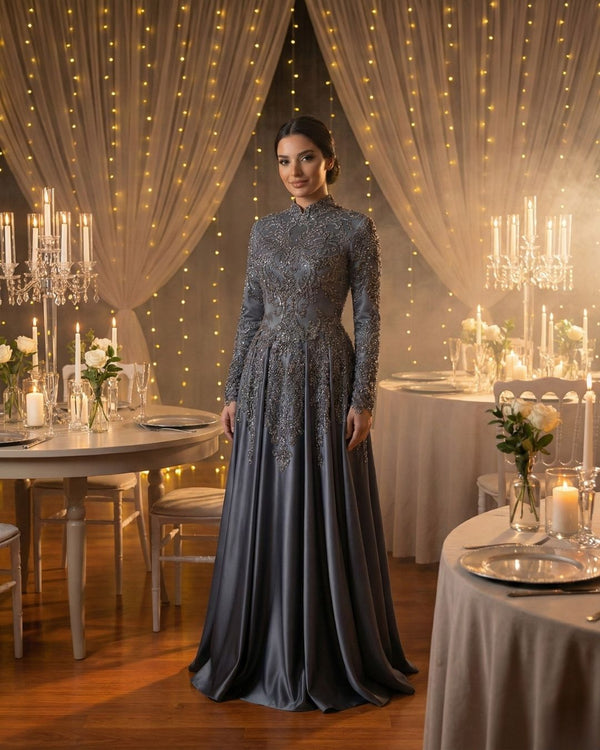 Gri Mavi Uzun Kollu Taş İşlemeli Prenses Abiye Elbise