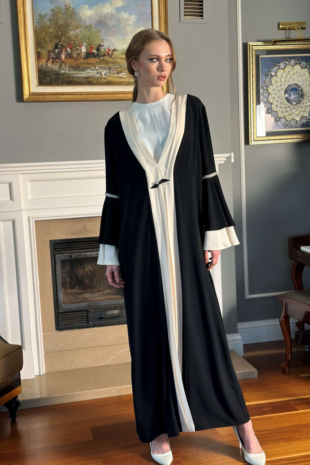 Abaya with White Satin Details