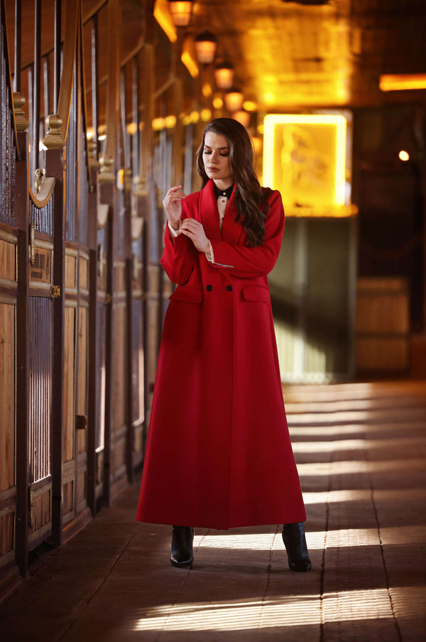 Shawl Collar Long Red Wool Coat