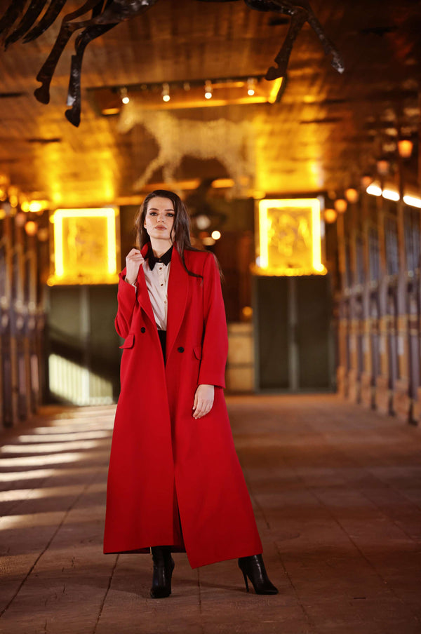 Shawl Collar Long Red Wool Coat