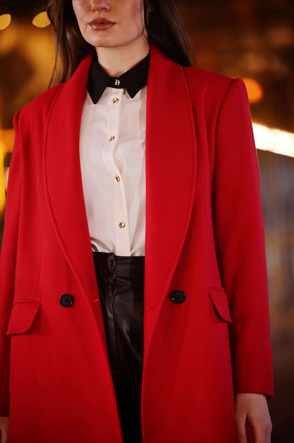 Shawl Collar Long Red Wool Coat