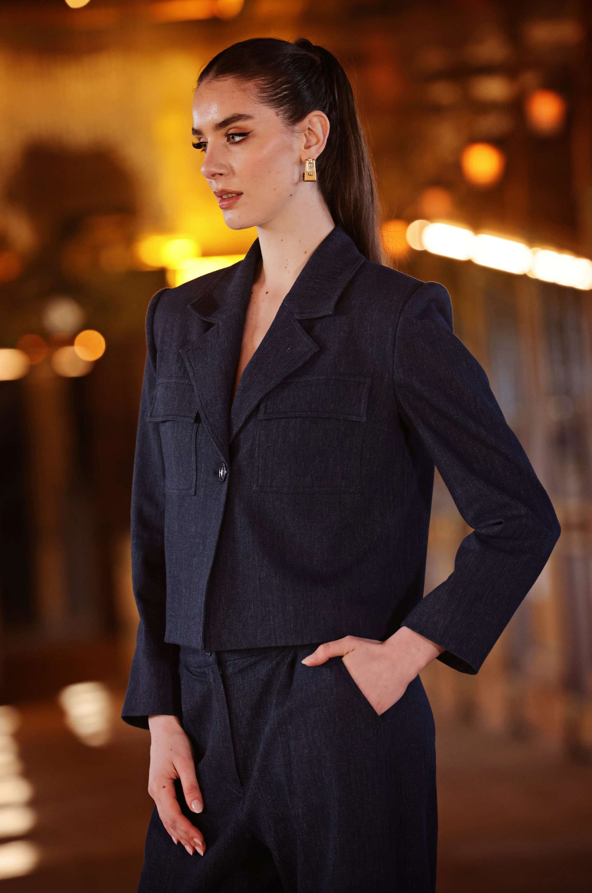 Cep Detaylı Crop Denim Blazer