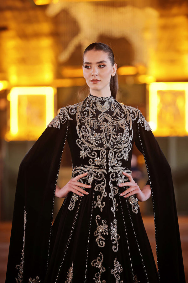 ATİYE- Velvet Fabric Hand-Embroidered Kaftan