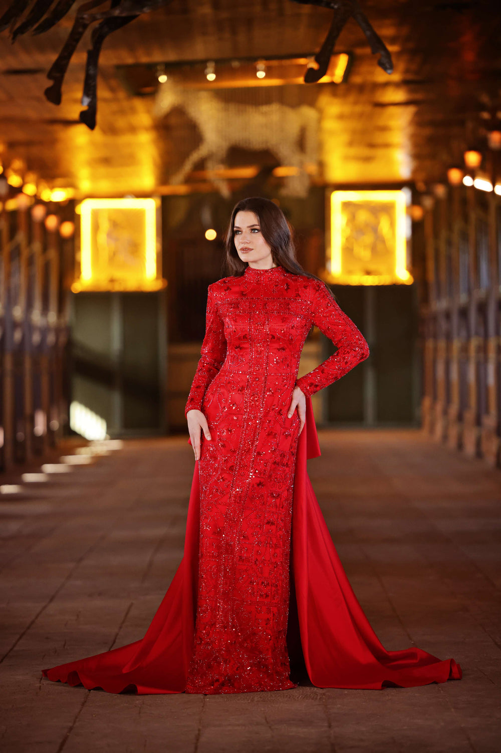 Crystal-Embroidered Red Modest Henna Gown