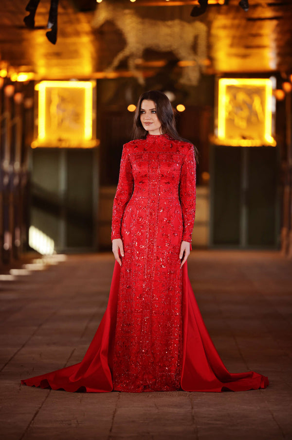 Crystal-Embroidered Red Modest Henna Gown