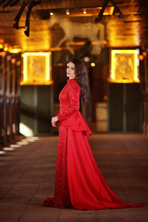 Crystal-Embroidered Red Modest Henna Gown