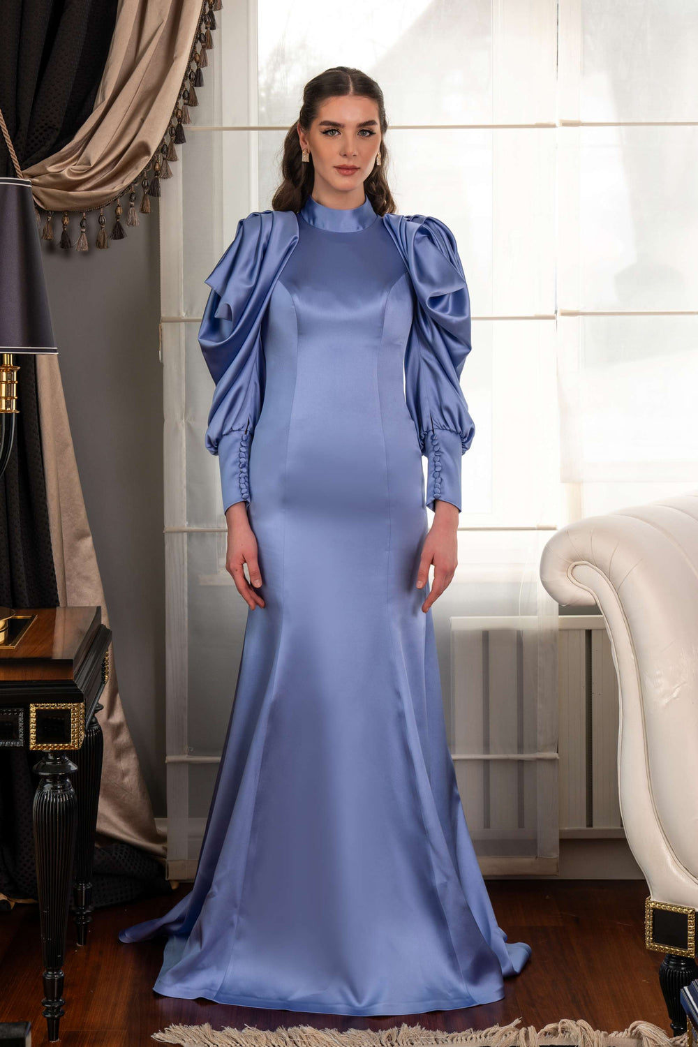 Drape Sleeved Modest Evening Dress