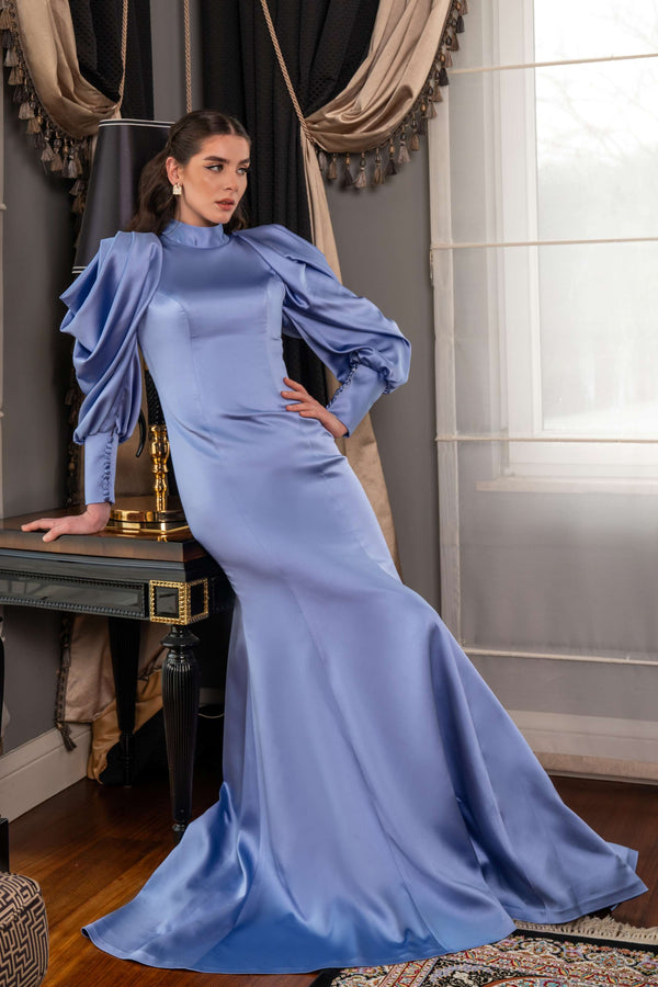 Drape Sleeved Modest Evening Dress