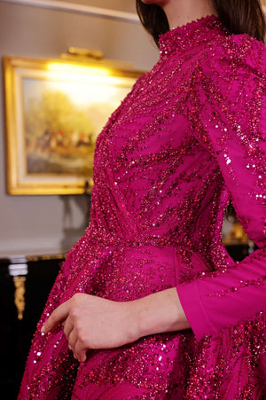 Fuşya Işıltılı Tam Tesettür Abiye Elbise