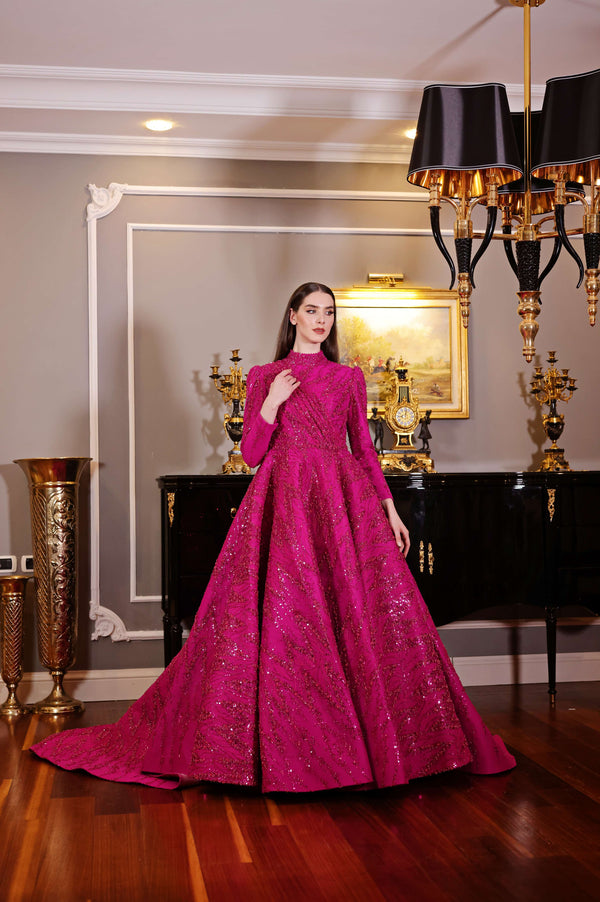 Fuşya Işıltılı Tam Tesettür Abiye Elbise