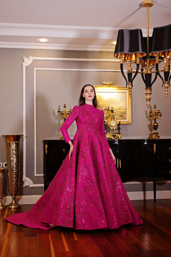 Fuşya Işıltılı Tam Tesettür Abiye Elbise