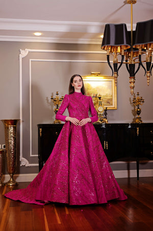 Fuşya Işıltılı Tam Tesettür Abiye Elbise