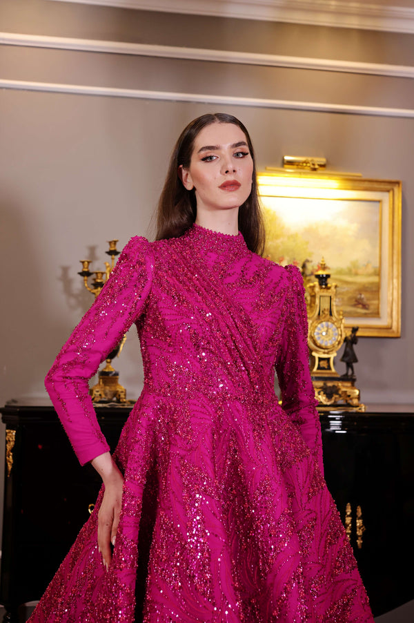 Fuşya Işıltılı Tam Tesettür Abiye Elbise