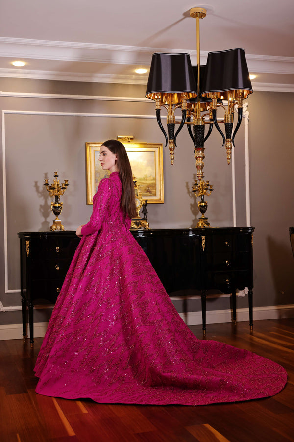 Fuşya Işıltılı Tam Tesettür Abiye Elbise