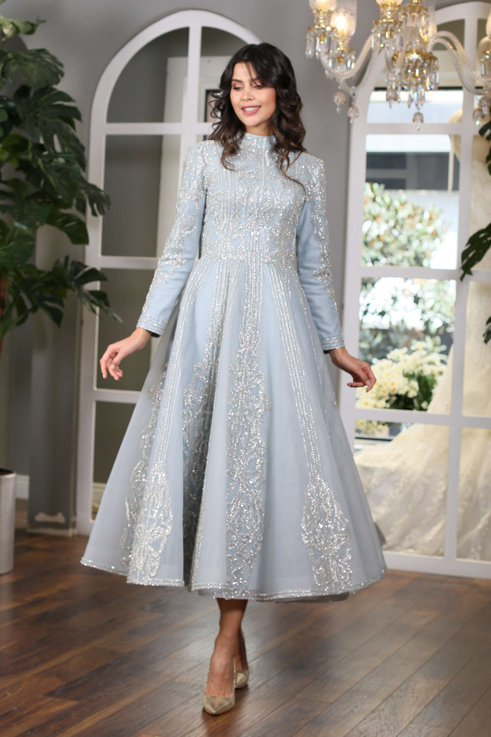  Lace Embroidered Blue Evening Dress