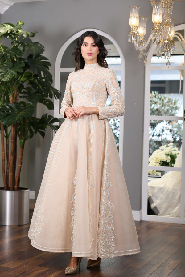 Lace Embroidered Gold Sparkling Modest Evening Dress