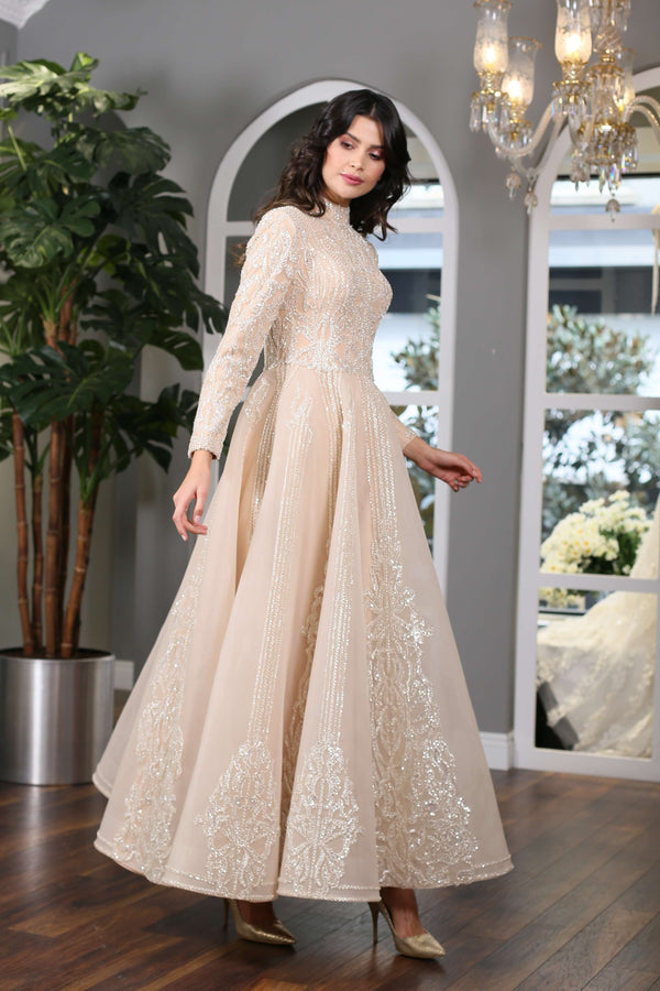 Lace Embroidered Gold Sparkling Modest Evening Dress