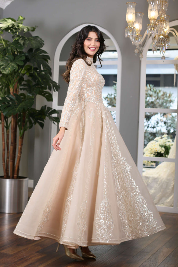 Lace Embroidered Gold Sparkling Modest Evening Dress