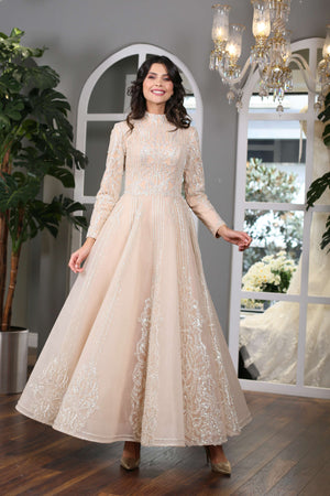 Lace Embroidered Gold Sparkling Modest Evening Dress