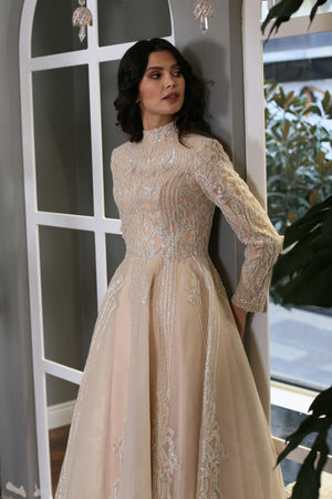 Lace Embroidered Gold Sparkling Modest Evening Dress