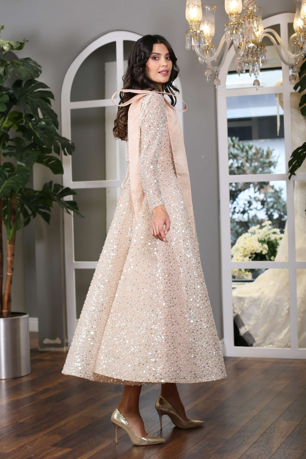 Lace Embroidered Gold Sparkling Modest Evening Dress