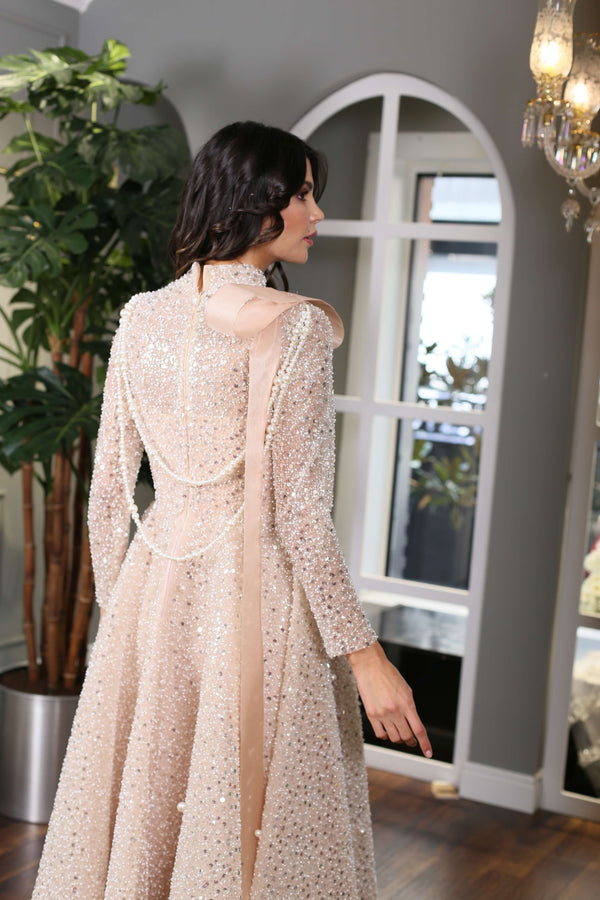 Lace Embroidered Gold Sparkling Modest Evening Dress