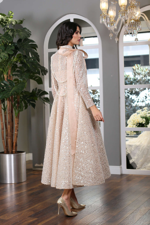 Lace Embroidered Gold Sparkling Modest Evening Dress