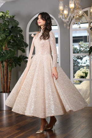 Lace Embroidered Gold Sparkling Modest Evening Dress