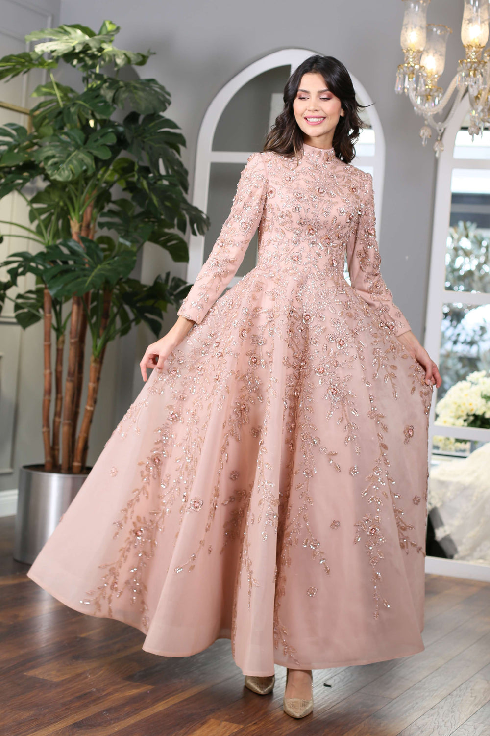 Floral Embroidered Long Lace Evening Dress