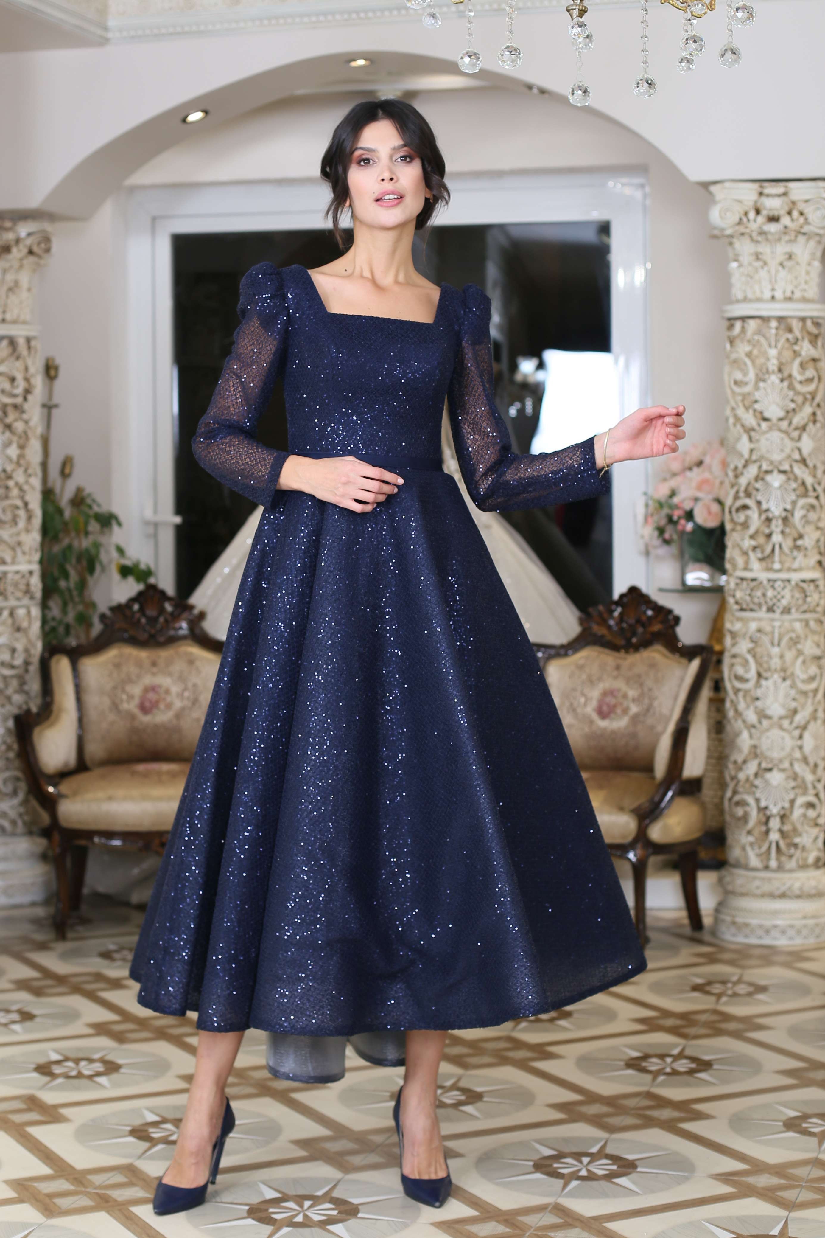 navy blue dress with lace overlay Navy Blue Short Sleeve Lace Midi Dress